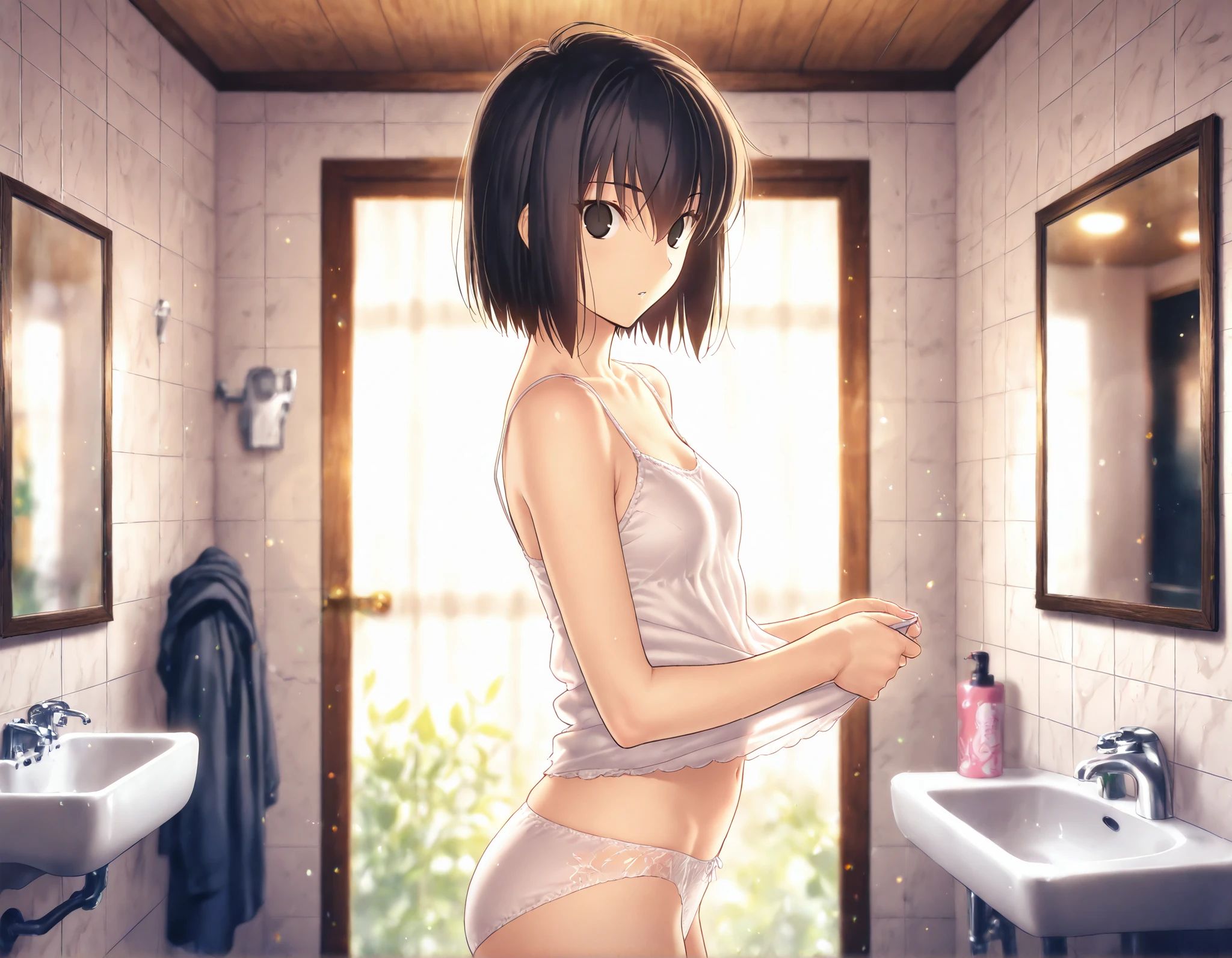 (​masterpiece:2.0), (top-quality:2.0), (naked extremely small towel:1.5), (view from the front:1.5), (perfect exposed shoulders:1.5), (perfect exposed nape:1.5), (super sexypose:1.5), (blushed face:1.3), (barechested:1.3), (realistic:1.5), 1 little girl, precise small hands, Embarrassed look, light smile, Open mouth, extremely cute girl, innocent face, young face, Clear eyes, Shining eyes, shoulder is visible, small breast, thigh is visible, The buttocks is visible, No pubic hair, dynamic posing, The beautiful skin, ultra-definition, Top resolution, japan high school student, brown hair