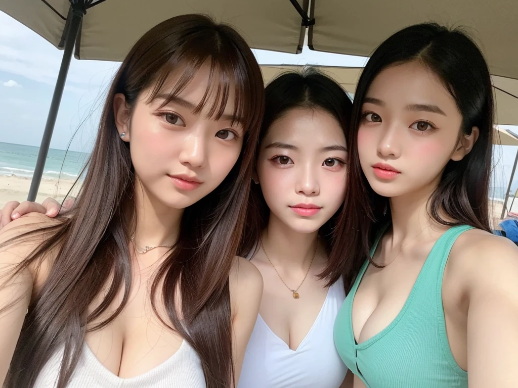 (realistic, high resolution:1.3), 3 girl are smiling with perfect figure, 3 girl:1.3, white skin:1.3, super fine face and eyes,detailed face, long hair, white lace bikini: 1.2 ,outdoor, (upper body focus), half body, upper_body ,perfect light, in bedroom, sit on the bed, big breasts, exposed cleavage,