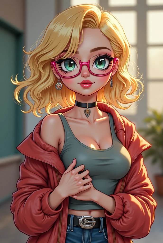 (photoanime) Gender fluid character, blonde hair with black roots, shoulder-length, green eyes, freckles, full lips, profiled nose, round face, round glasses, medium bust, abdomen flat, pear-shaped waist, medium thighs and thin arms.