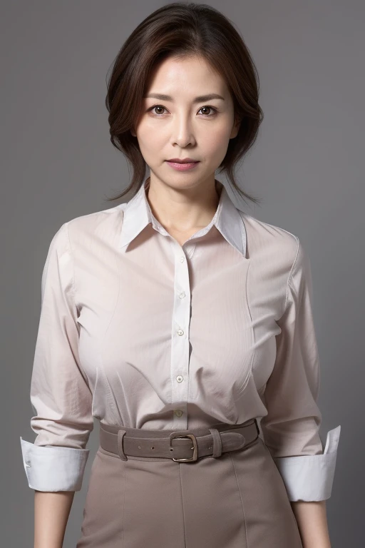 ultra high resolution, masterpiece, rough skin, very detailed, Photoreal, professional lighting, written boundary depth, sharp, 
gray background, (japanese mature, 6 years old), women sexy, detailed face, beautiful eyes, bangs, well-shaped small breasts, light brown long straight hair, faint lips, ((stand in front、look at the audience, serious face eyes.)), buttoned shirt, skirt, full body photo, cowboy shot