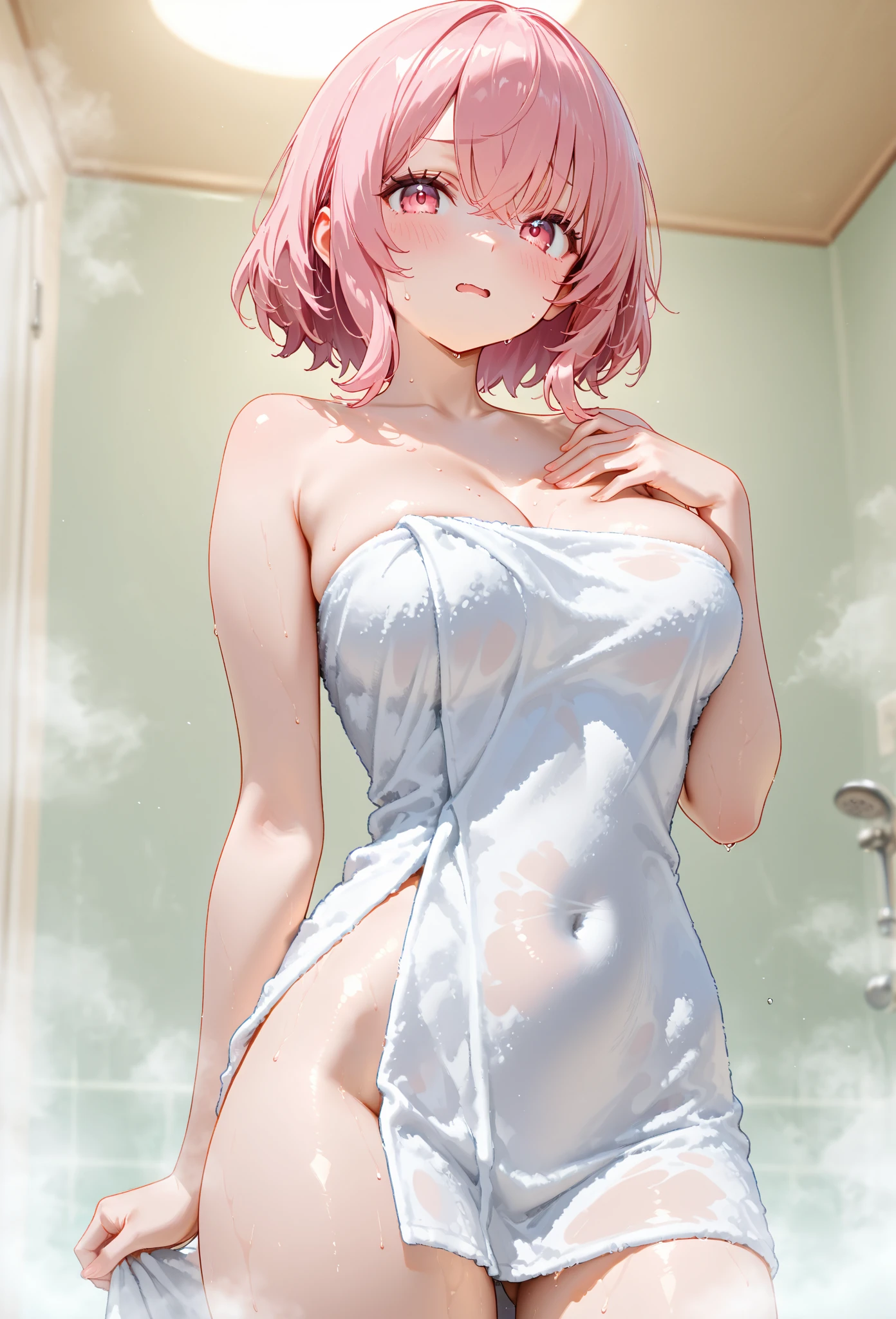 18yo Girl,tmasterpiece,Happy face,Bob Head,White bra,did not wear panties,The lower body is naked,Bare legged,Barefoot,standing on your feet,Snow-whiteskin,overcast day,with pink hair,a pink eyes,thick thight,the wallpaper,Whole body diagram,fleshy feeling,NSFW