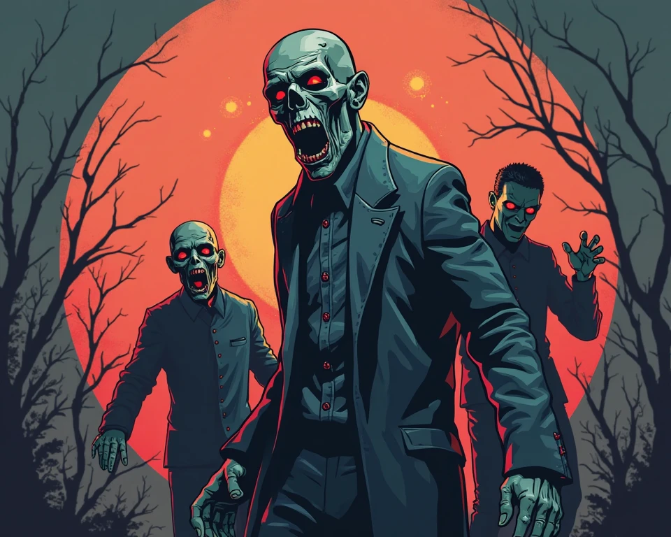 Illustrate a death metal-themed tribute to the undead, featuring zombies and tombstones in a nightmarish setting. with light color background for t-shirt design