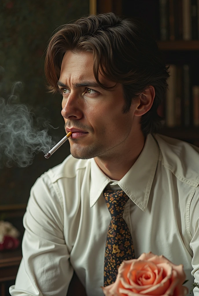 high resolution, best qualityer, a tall and strong man, around 25 years old, straight black hair, intense azure eyes, man has serious expression, holds cigarette in hand, wears a white blouse, black pants, green foliage background, smooth light