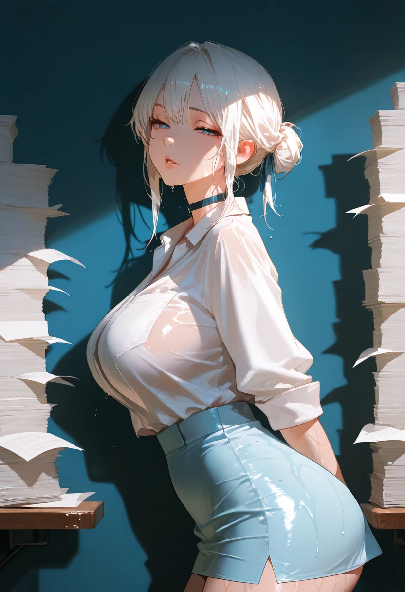 top-quality、Top image quality、masterpiece、girl with((18year old、Best Bust、big bast,Beautiful blue eyes、Breasts wide open, Blonde ponytail、A slender,Large valleys、Black sweater with open chest、White pants、Ruby Earrings、Doya face、Removal action))hiquality、Beautiful Art、Background with((large room at night、cool illumination、black walls、White table、Black Bookshelf、Black Chest of Drawers、Aroma diffuser)))、,masutepiece、visualart、depth of fields、