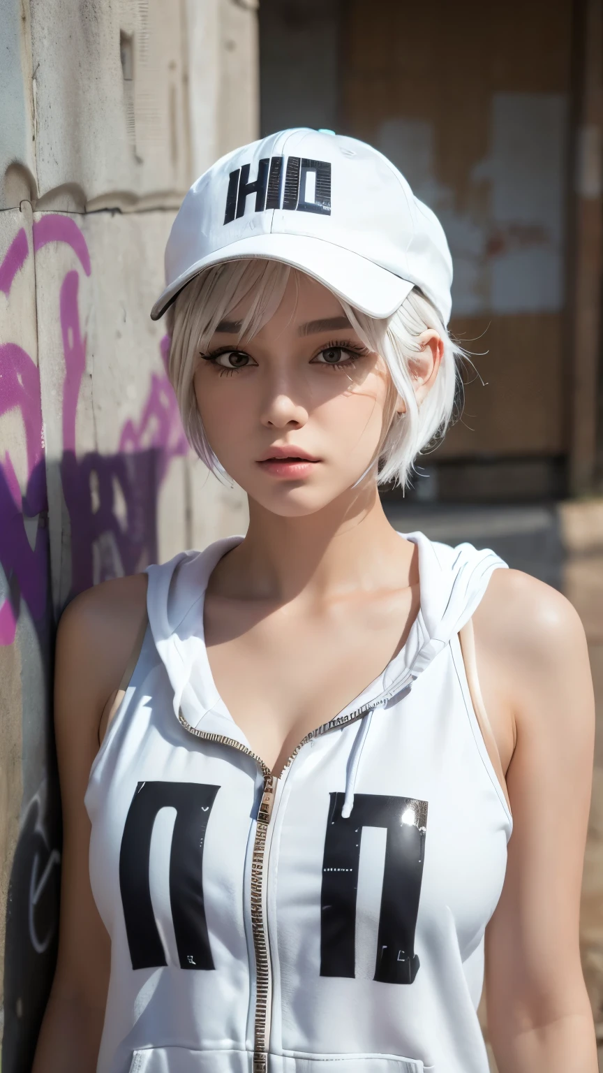 masterpiece, highest quality, Super detailed, 8k, Photorealistic, One girl, alone, Tomboy, Super detailed face, (head shot:1.5), Standing against a wall covered in hip-hop graffiti, White hair color with pixie cut, He is wearing a short tank top and an unzipped hoodie.,The chest is visible,Nice butt,Wearing a New Era cap