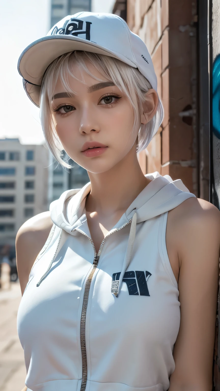 masterpiece, Highest quality, Very detailed, 8k, Realistic, One Girl, alone, Tomboy, Very detailed face, (head shot:1.5), Standing in front of a wall covered in hip hop graffiti, Cyberpunk neon cityscape,Pixie cut white hair, She is wearing a short neon tank top and an open hoodie....,I can see your chest,Nice ass,Wear a New Era cap