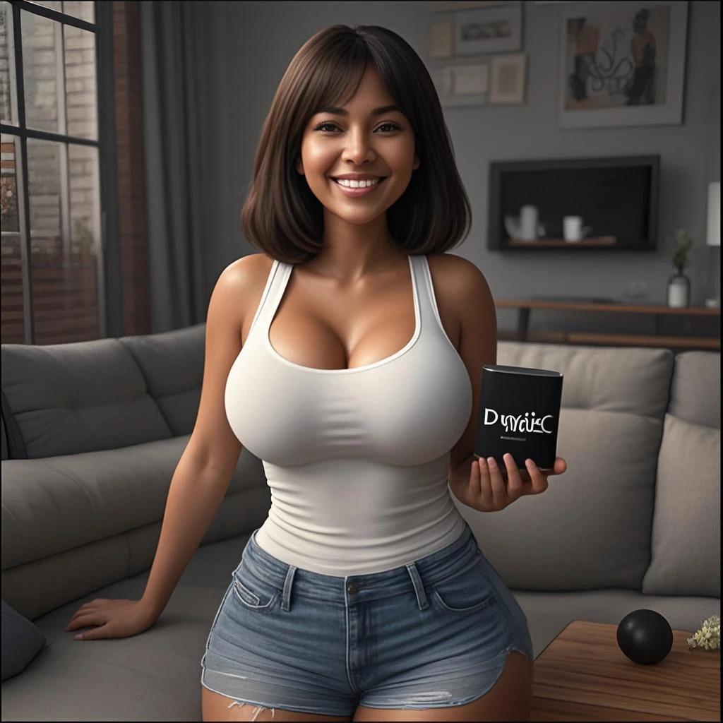 Isabela Merced, smiling, (big breasts), bob_cut hair, sitting, tight pink shirt, orange shorts, greece by morning, having a coffee, (skin texture:1.1), (high detail face:1.1), high detail body, high detail clothes), (realistic), ultra high definition, 4k, ultra high resolution
