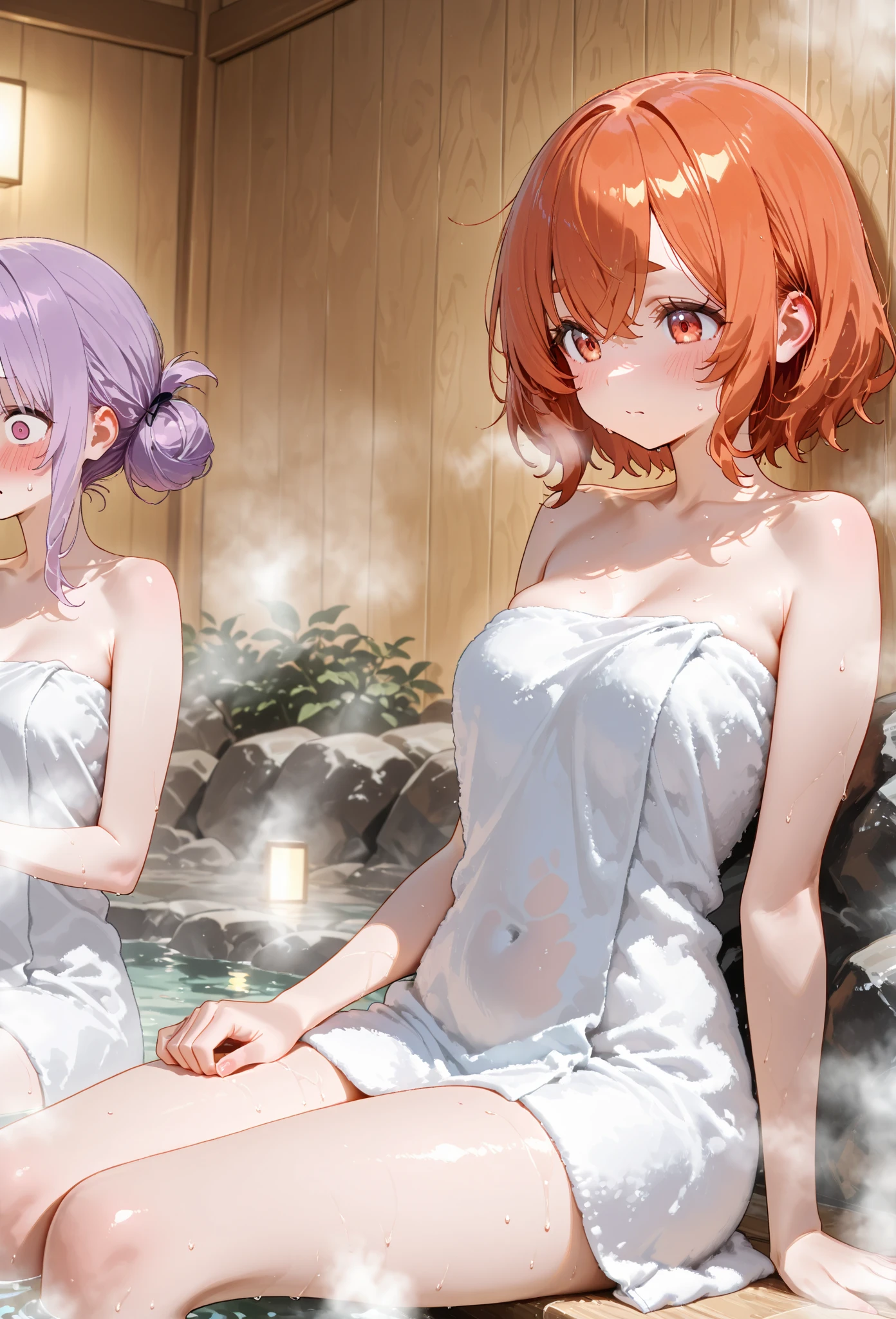 nsfw,A group of women set in a medieval fantasy world、Dragon Quest、 (At the hot spring:1.5), Mr..々Hairstyle, Harem, night, detailed aspects, Seduce, ((See-through towel:1.5))、Huge breasts、Big Ass、Wide waist、Nipples are erect、looking at the camera、obesity