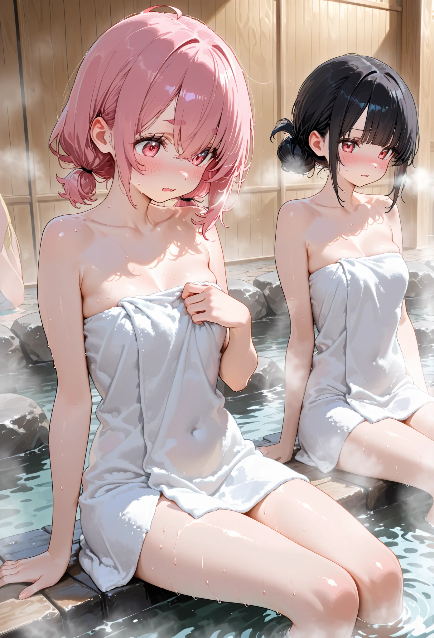 superflat, flat colors, ((3girls:1.3)), 19yo, slim, (small ), short bob dark hair, Beautie、(half way in water:1.4)、realistic、3girl、in poolside、realisitic, topless, nippleding, shy, pool, blue, vibrant colors, psychedelic, vibrant, bright, watercolor, (close up:1.2), (white mini skirt:1.5) (hugging:1.2), (no panties:1.3)