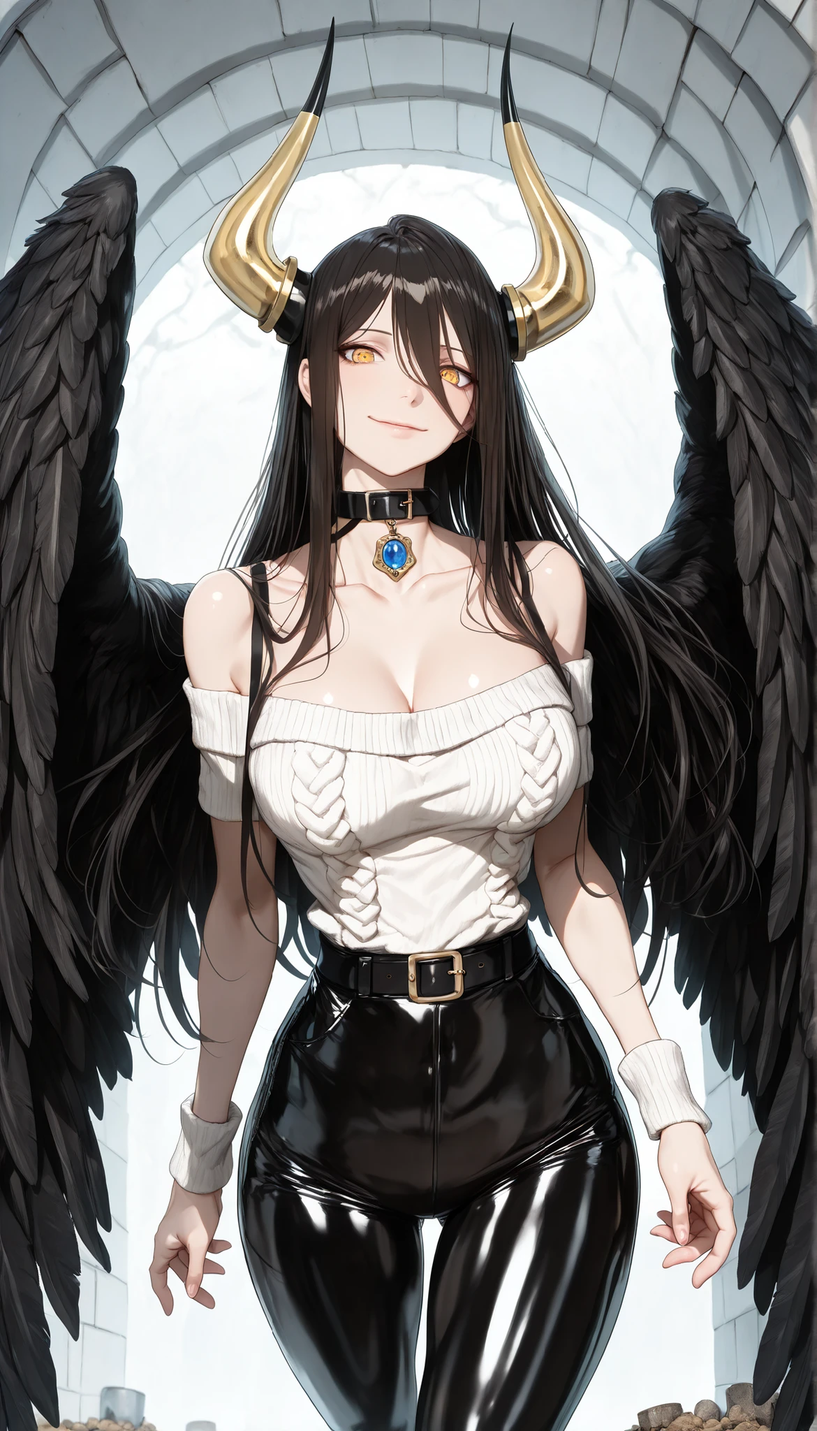 An anime character with a demonic and seductive appearance , con Black Wings , Long dark flowing hair, shining golden eyes, And curved horns like a ram . pale skinned , a mischievous smile and a playful and mysterious expression , press your finger on the lips as if he's suppressing someone. A blue gem on her chest. The scene is dramatically lit ., Soft shadows enhance her distinct features , The background fades into darkness , Adding an air of mystery and magic . This style mixes anime fantasy with intricate details , Capturing an intense portrait , Close and dynamic , Beautiful Woman, natural breasts , medium , ( Narrow waist, Perfect body curve ), Sharp Focus, (tall body, Adult Female), (High definition skin, Pores:1.4), bare shoulders, belt , Black Wings , collarbone, Feathered wings, Long Handpiece, low well, collar, bare shoulders, , Neck strap , well, Wrist strap, Thighs, Destroyer Sweater,tall black leggings