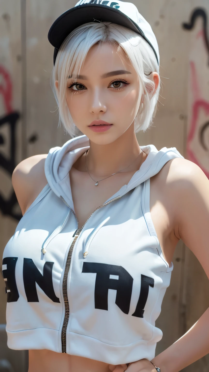 masterpiece, Highest quality, Very detailed, 8k, Realistic, One Girl, alone, Tomboy, Very detailed face, (head shot:1.5), Standing in front of a wall covered in hip hop graffiti, Cyberpunk neon cityscape,Pixie cut white hair, She is wearing a short neon tank top and an open hoodie....,I can see your chest,Nice ass,Wear a New Era cap