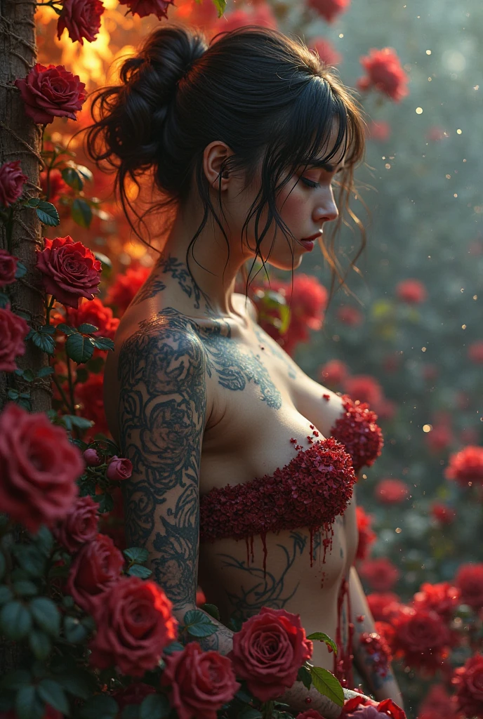Photoshot of a beautiful sexy white woman wearing a bikini full of tattoos and covered in blood holding 2 samurai swords in a creepy pose in a field full of roses and blood . Ada papan nama ridwangrapher