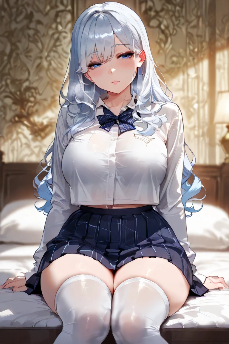 NSFW:1.5, Beautiful, masutepiece, Best quality, extra detailed face, Perfect Lighting, boobs loli, 1girl in, School Uniform, ((Undressing, show off breasts, show off nipple)), Ruby eyes, cowgirl position, sit astride, Solo,((vaginal )), pov, Large breasts, Open , If you log in, you will see it, thick white liquid on the skirt, thighs wet with thick white liquid, Nipples come out from under the shirt,thighs wet with thick white liquid,hair adornments、hair pin、Look at viewers, see-thru、sweat drops、(Breast Out:1.2),naked shirts、Blue_neck tie, Blue_skirt by the、{{{{{{{{{{{{{{{on blue skirt}}}}}}}}}}}}}}, {{{cum to body}}}, (((((a large amount of white liquid on the face)))))、((((a large amount of white liquid on the legs))))、(((a large amount of white liquid on the belly)))、(((large amount of white liquid on breasts)))、Very sweaty、