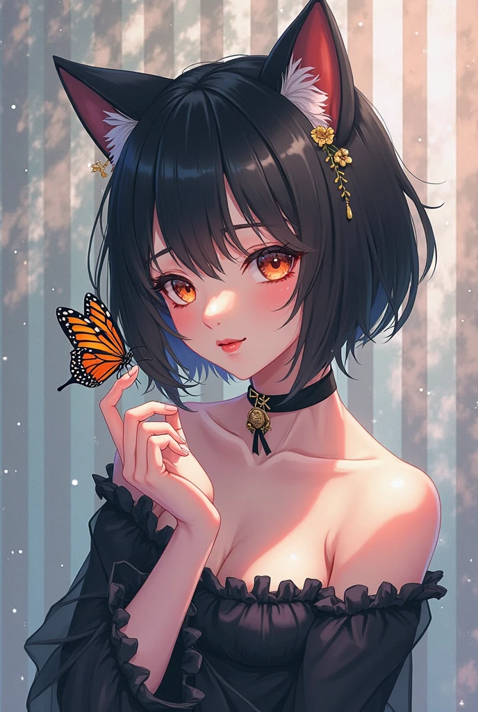 masterpiece, best quality, highly detailed, detailed face, complex background, flowers, grass, shiny, 1girl, solo, kikyou, short hair, animal ears, black hair, halo, black bra, black panties, <lora:kikyou-07:0.7>, <lora:add_detail:0.5>