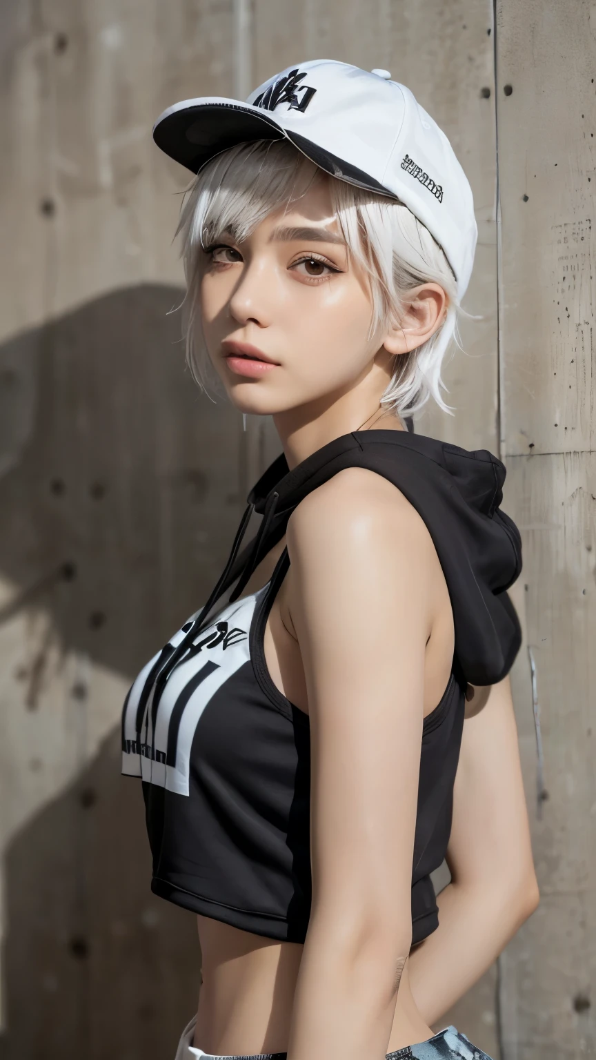 masterpiece, highest quality, Very detailed, 8k, Realistic, One Girl, alone, Tomboy, Very detailed face, (head shot:1.5), Standing in front of a wall covered in hip hop graffiti, Pixie cut white hair, He is wearing a short tank top and an open-zipped hoodie..,I can see your chest,Nice ass,Wear a New Era cap