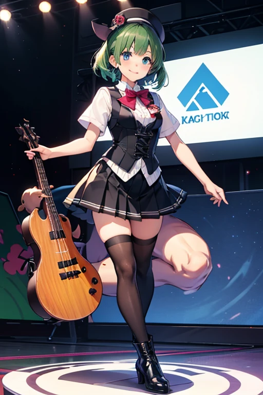 Girls,play Japanese drums,On stage,festival venue,Black sleeveless T-shirt,Navy blue shorts,Hachimaki,red and white stripes on stage,audience,Futomo,A girl playing the drum with a Japanese stick,girl playing the flute,summer day,Outdoor stage,