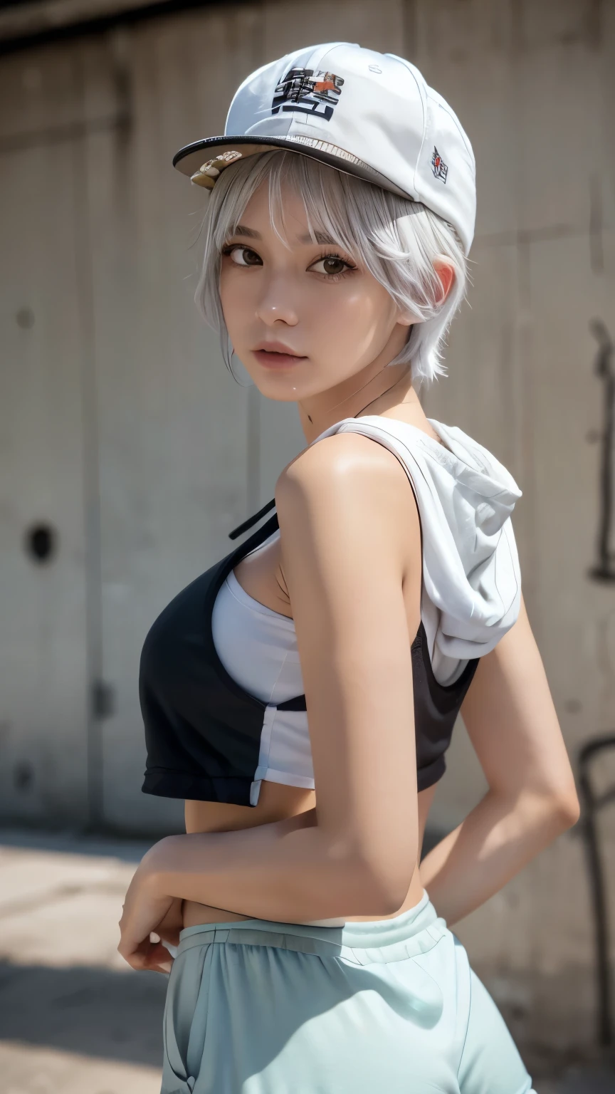 masterpiece, highest quality, Super detailed, 8k, Photorealistic, One girl, alone, Tomboy, Super detailed face, (head shot:1.5), Standing against a wall covered in hip-hop graffiti, White hair color with pixie cut, He is wearing a short tank top and an unzipped hoodie.,The chest is visible,Nice butt,Wearing a New Era cap、(Big Breasts:1.6, Big cleavage)