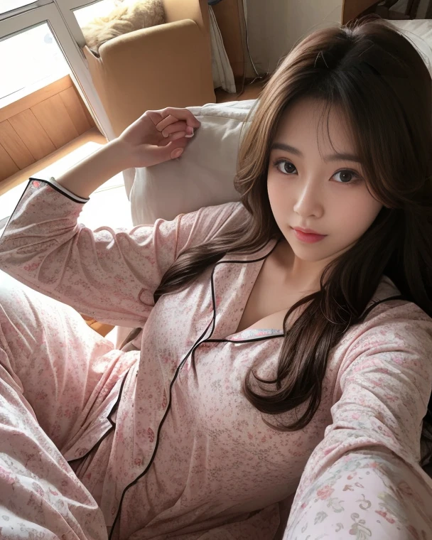 American girl in pajamas , A beautiful American girl is lying on the bed , The mobile phone is placed near her , mid breast