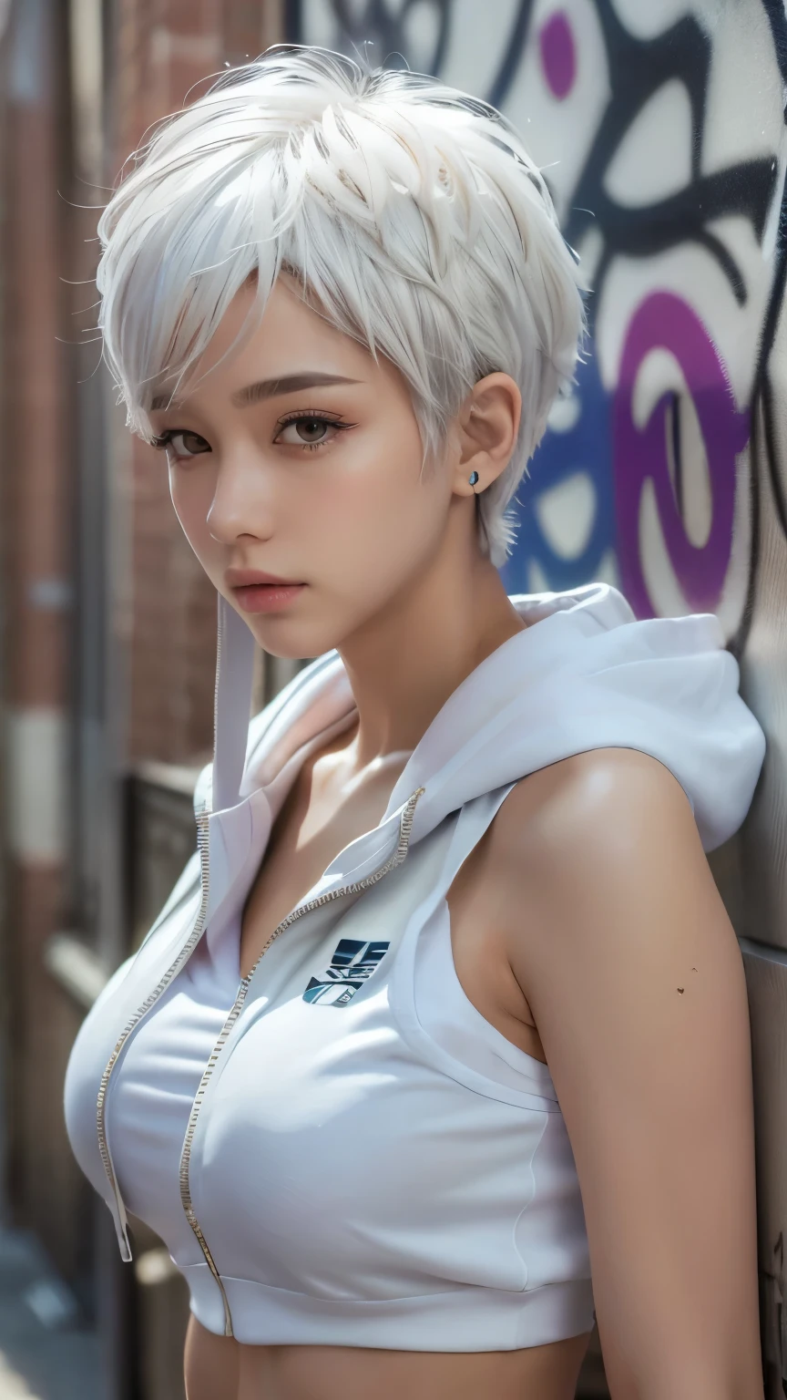 masterpiece, highest quality, Super detailed, 8k, Photorealistic, One girl, alone, Tomboy, Super detailed face, (head shot:1.5), Standing against a wall covered in hip-hop graffiti, White hair color with pixie cut, He is wearing a short tank top and an unzipped hoodie.,The chest is visible,Nice butt,Wearing a New Era cap