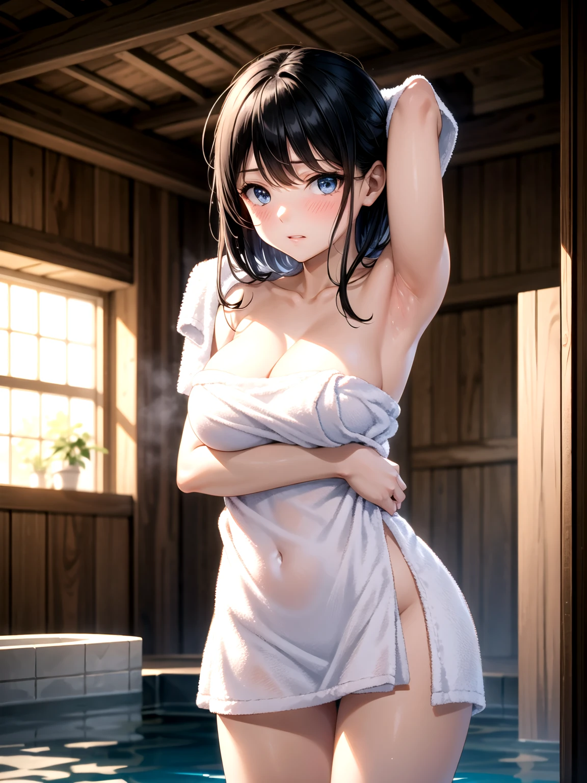 (masterpiece:2.0), (top-quality:2.0), (standing naked in the hot spring:1.5), (white Tube top extremely short bath towel:1.5), (super sexypose:1.5), (look up from below:1.5), (blushed face:1.5), (hide crotch with hand:1.4), (hide chest with hand:1.4), (Spilling boobs:1.5), (realistic:1.5), under the boobs, side boob is visible, naked, 1 little girl, precise small hands, Embarrassed look, light smile, Look at me and smile, extremely cute girl, innocent face, young face, Clear eyes, Shining eyes, small breast, shoulder is visible, Tummy is visible, cleavage of the breast is visible, The buttocks is visible, The crotch is visible, No pubic hair, dynamic posing, The beautiful skin, ultra-definition, Top resolution, japan high school student, brown hair