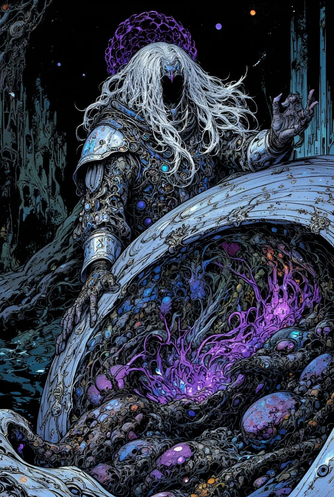 (extremely detaile, tmasterpiece, Best quality, Under the ocean), in dark style, Volumetric illumination. Medieval armor, Beautiful man,meta human, silver hair，blueeyes，, Tentacle, deformation, underwater image, Threatens the octopus beak. Ink stains. Rococo composition. Caravaggio's light