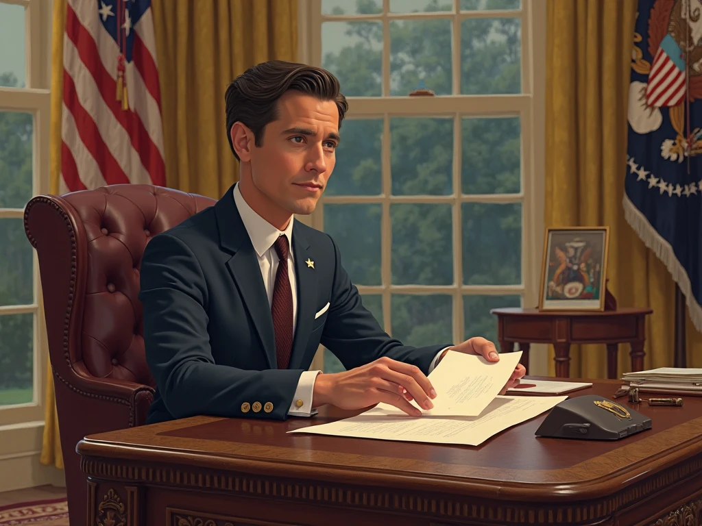 A man with dark hair sits in the presidential chair of the White House., papers, cinematic scene, camera distance, Dark atmosphere