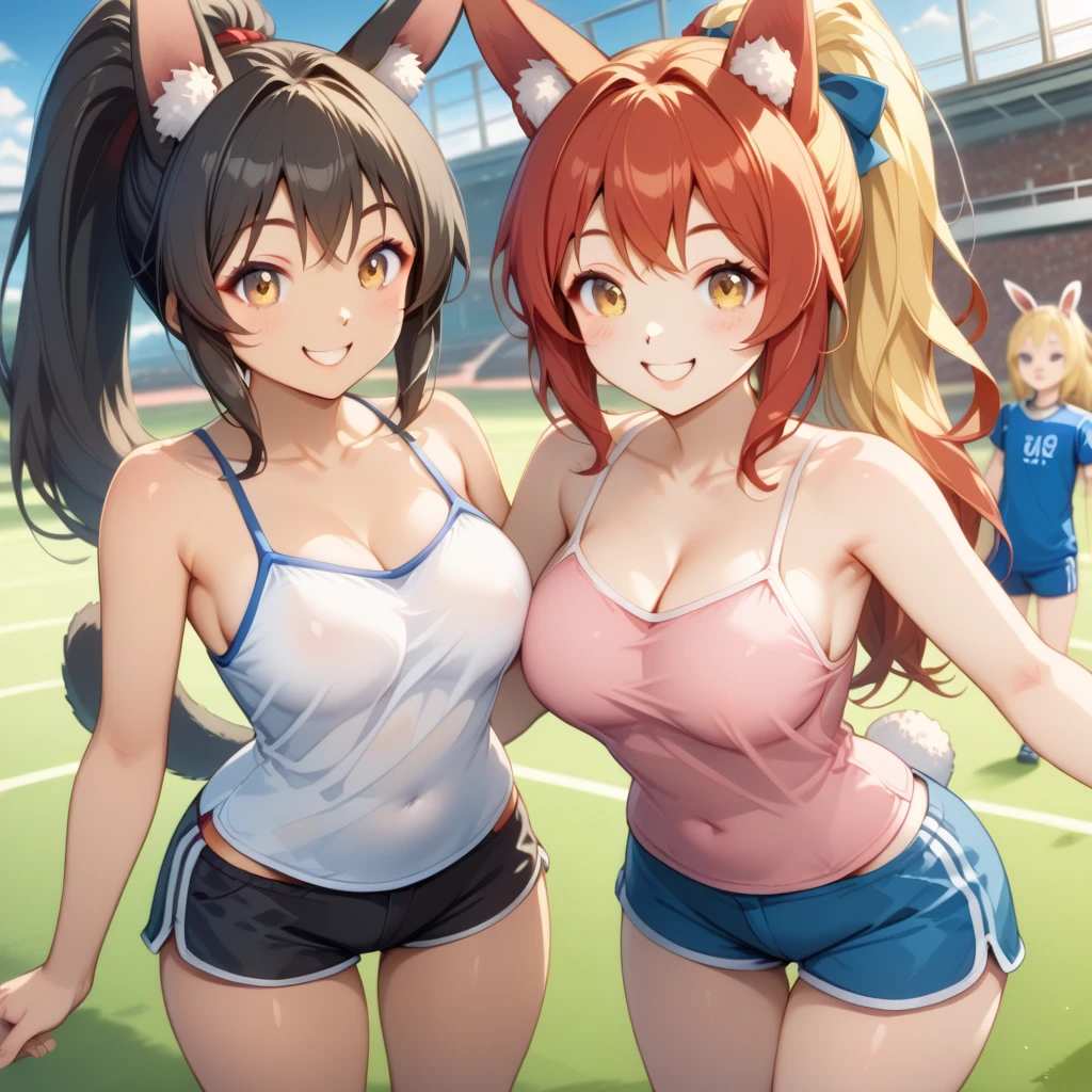 Practical, 3 girls, Selfie stick, Selfie, Cheerleading, Large Breasts，Red，On Campus