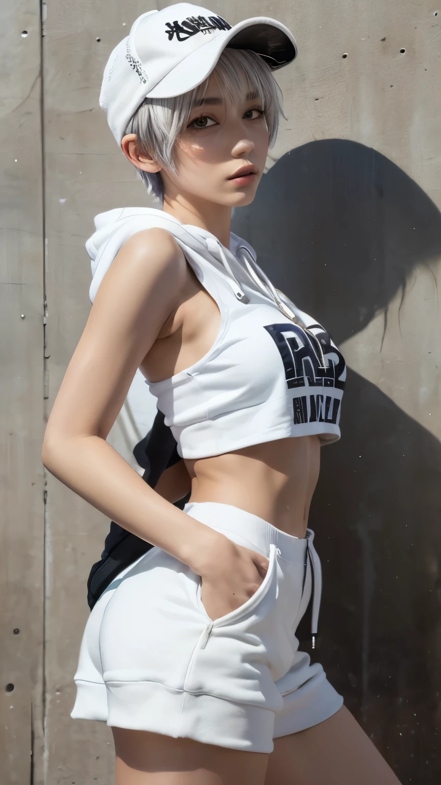 tall、Navel Ejection、Navel、White T-shirt、Short black leggings、Korea person、Fancy shoes、Arm Crossing、Ridicule、Martial arts、silber hair