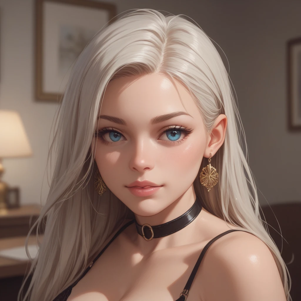 sam yang,1girl, backlighting, bare shoulders, black choker, blurry, blurry background, blush, breasts, choker, cleavage, closed mouth, collarbone, earrings, forehead, hair over shoulder, jewelry, long hair, looking down, pointy nose, red lips, shadow, solo, thick eyebrows, thick eyelashes, upper body, white hair
, ((masterpiece)),