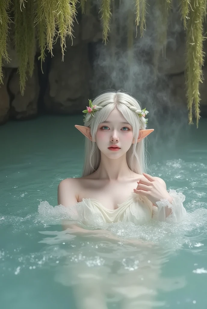High resolution、High level image quality、8K、real live action、Raw photo、highest quality、masterpiece、14 year old elf girl、water play、small breasts、unparalleled beauty、Princess、wear a small crown on your head、young face、bath、soak in water、cover one&#39;s body with cloth
