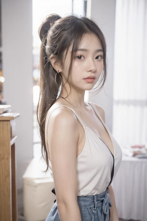 Portrait of a beautiful 18 year old girl, Redhead, Gorgeous Chinese, Cotton panties, At the entrance, (dark private office, Dark and gloomy light: 1.2), masterpiece, 最high quality, high quality, High resolution,, Braided hair、(Face close-up)、