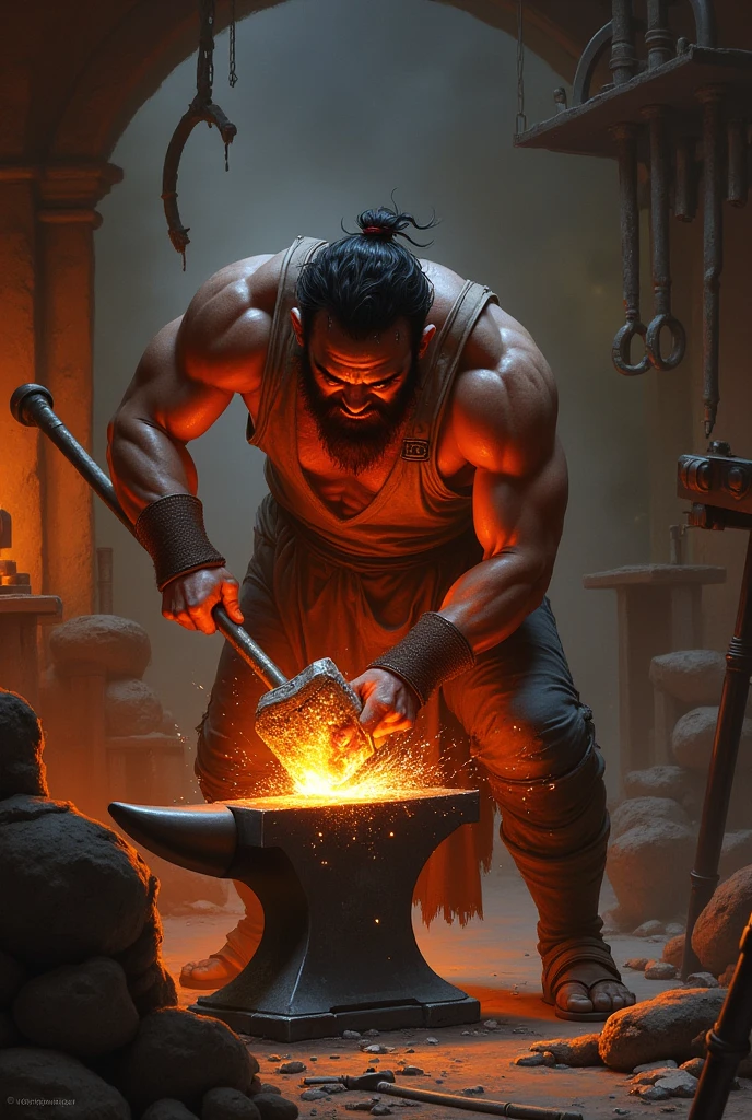 Realistic image of an ecstatic blacksmith man in ancient Egypt