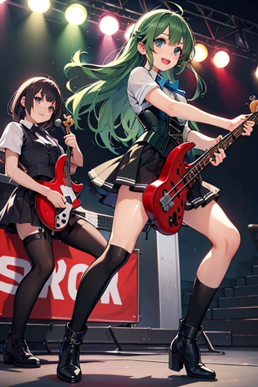Two Girls,Guitar and vocals,Black Mini Skirt,short cut and ponytail,Music Stage,Singing passionately