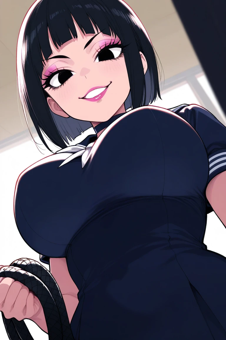 (Perfect body),highest quality,(8KP○rtrait),(anime screen cap)、(NSFW)、Sweat,((big breasts))、female police officer、(black hair),(bob cut)、dull bangs、yellow eyes,((thick thighs)),((big ass))、、(Navy Blue Leotard)、glare、blush、((narrow your eyes))、adult w○ man、(((embarrassing)))、(Dark concrete room)、((muscular))、fingerless gloves、(thick waist)、Are standing