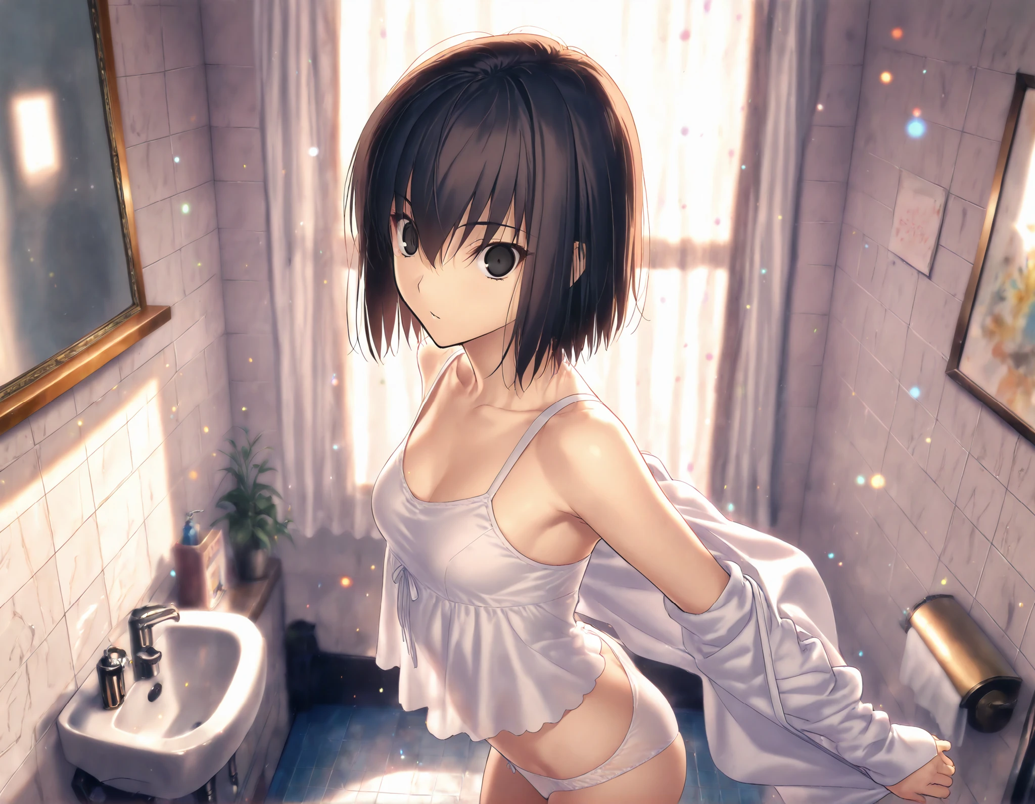 ((masterpiece,Highest quality:1.3,best quality illustration)),((realistic)),cowboy shot,独奏,1woman,20 year old beauty,black hair,short bob hair,bangs,black eyes,gorgeous big eyes,((very small head:1.3)),shy,((very long body:1.2,skinny)),medium breasts,(tan skin,White bra、navel、White panties、white_thighhighs),sweat,gleaming skin,slender body,standing,Simple hotel bedroom、Tokyo、