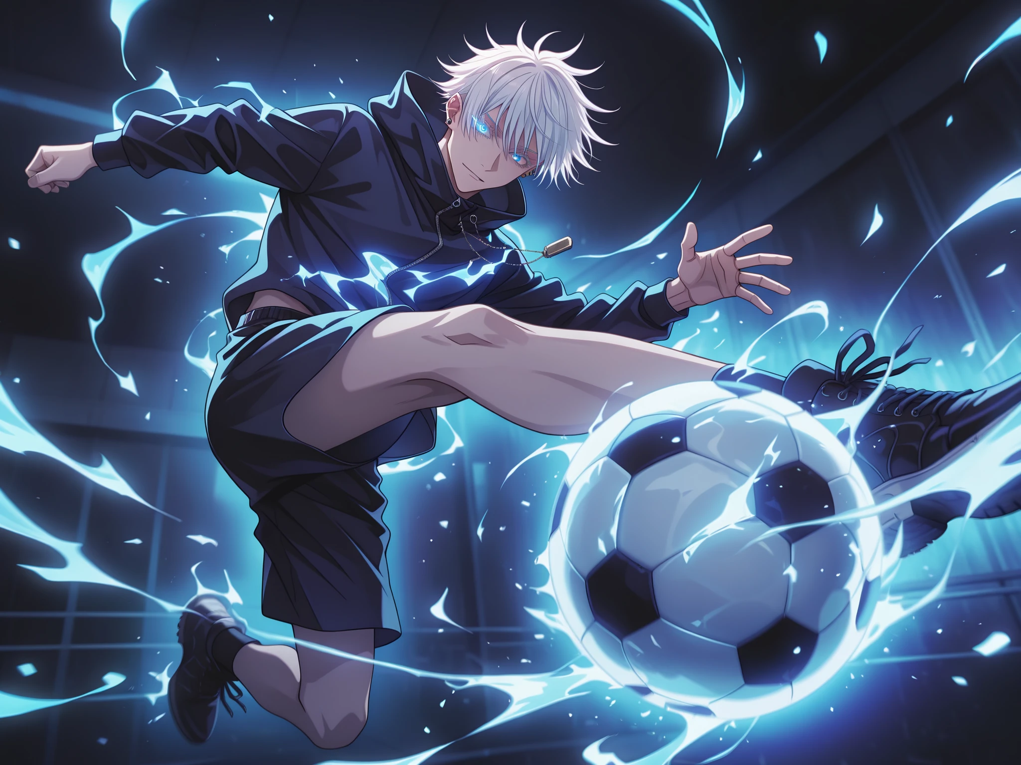 masterpiece, best quality, good quality, absurdres, highres, limited color palette,
BREAK
1man, adult, male focus, gojou satoru, jujutsu kaisen, white hair, short hair, ((hair between eyes)), colored eyelashes, white eyelashes, blue eyes, intricate eye iris, detailed eyes, muscular male, sexy man, handsome man, handsome face, cool fashion, black coat, large blue hoodie, black shorts, glowing clothes, neon trims, cyber style, intricate fabric, blue neon casual shoes, intricate outfit, ear piercings, necklace, face focus, side angle, dynamic angle, soccer, kicking, soccer ball, dynamic pose, blue flaming eyes,
BREAK
backlight, one side light, neon aesthetic, neon colors, glowing, glow effect, vibrant colors, high contrast, fluorescent, luminescence, light effects, chromatic lighting, colorful lighting, bright outlines, (((neon lineart))), dark background, digital art