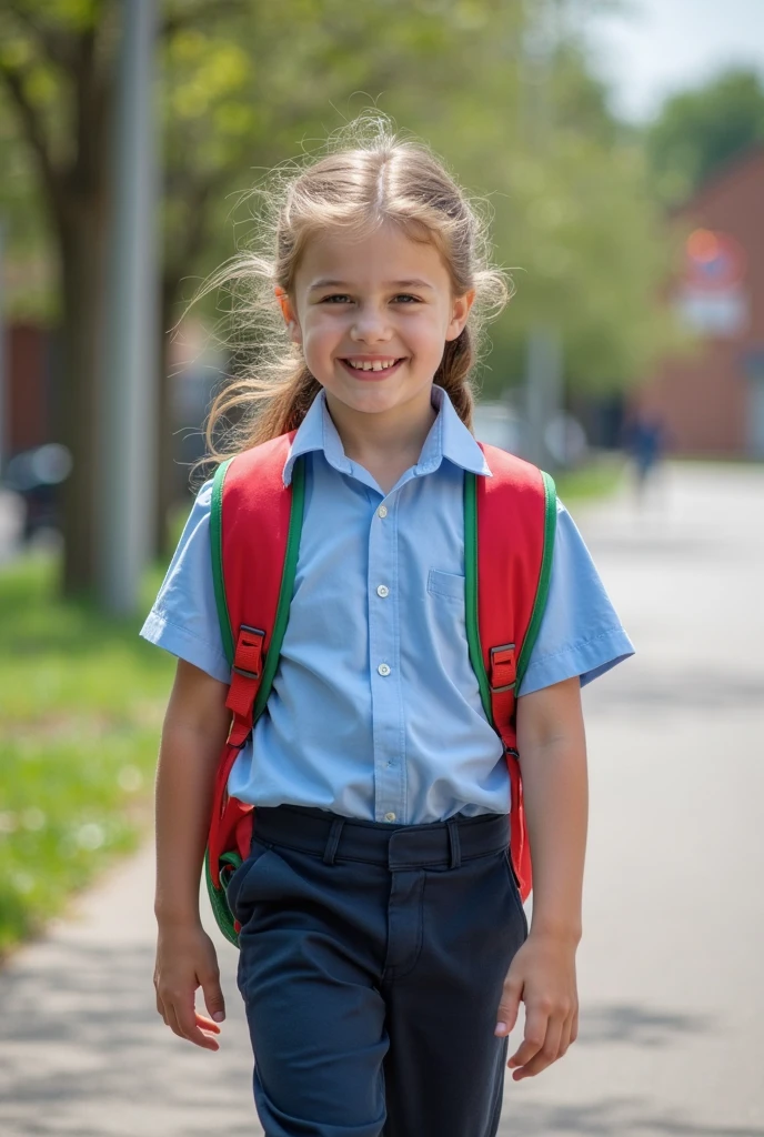 10 years old girl going to school wearing a thick clothes 