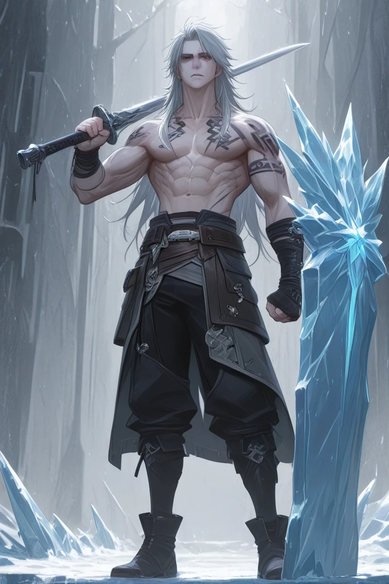 In the heart of a rugged mountain range, a formidable Earth Genasi warrior stands tall amidst the rocky terrain, his skin the color of weathered granite and his eyes like polished moonstones, glowing with an intense, otherworldly light. With braided hair resembling the sturdy roots of ancient trees, he exudes an aura of indomitable strength. Describe the scene as this mighty Earth Genasi warrior, with his steely gray complexion and piercing white gaze, faces his greatest challenge yet, battling foes amidst the rugged peaks and valleys, channeling the raw power of the earth itself to emerge victorious, ::grey skin