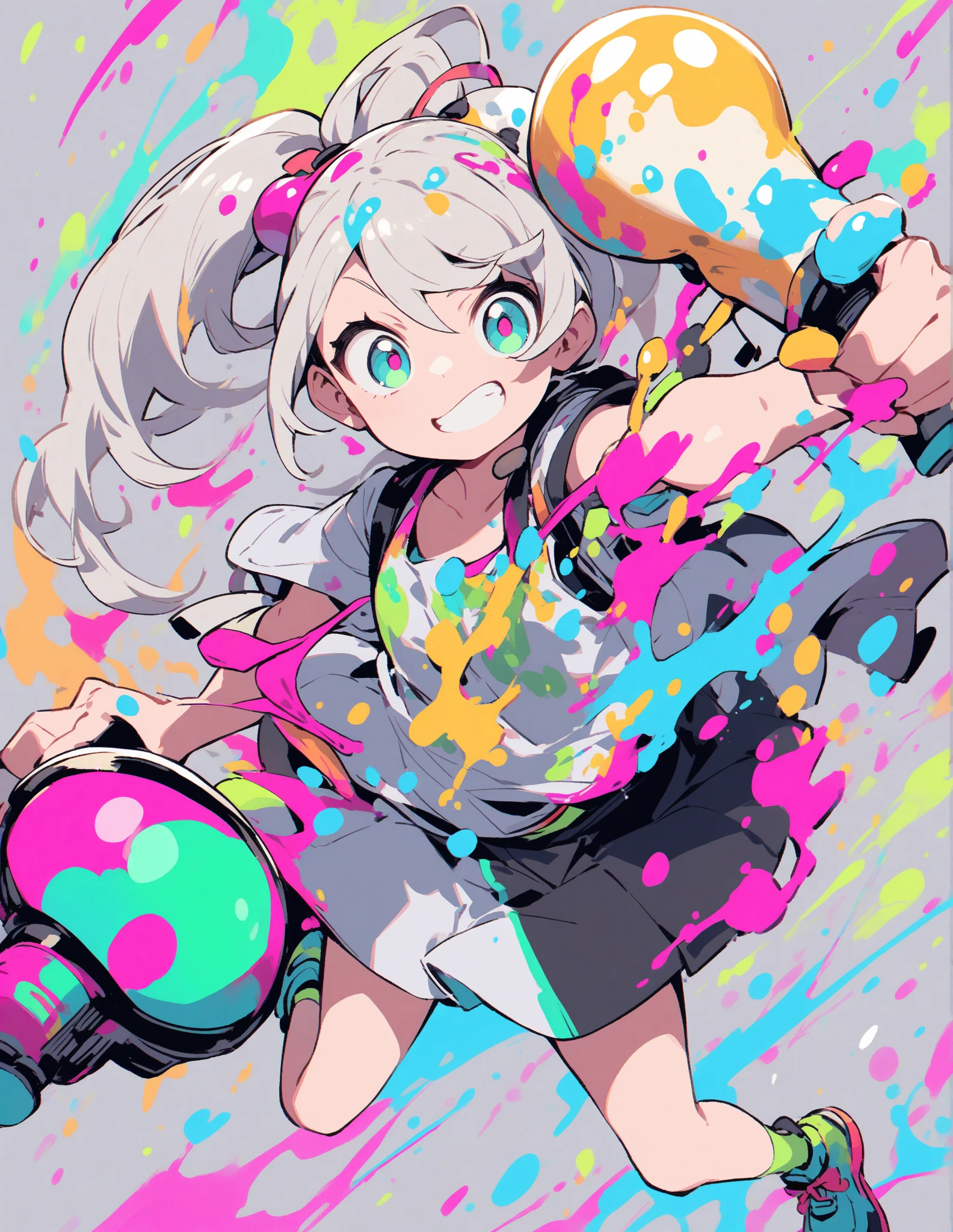 perfect anime illustration,1girl, short hair girl wears headphones, gradient, floating, grey hair,pink and cyan color, neon colors,cyberpunk character,dystopian or a post-apocalyptic world