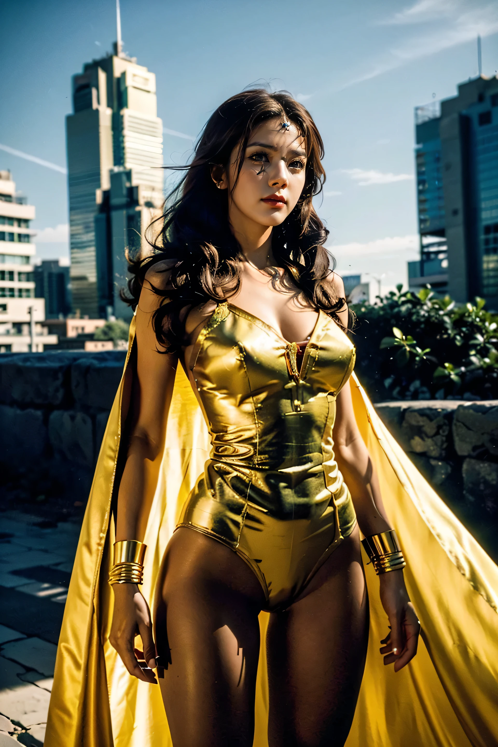 A stunning female superhero stands tall against the backdrop of a futuristic city skyline, her long dark hair flowing gracefully in the wind. She wears an intricate, form-fitting bodysuit in deep green, white, and red, adorned with golden accents that resemble regal armor. Elegant gold filigree traces along her shoulders and chest, giving her a divine and royal presence. A golden emblem rests on her forehead, signifying her status as a guardian of light and justice. Her piercing green eyes radiate confidence, and her lips curl into a subtle, knowing smile. The futuristic city behind her glows with towering, sleek skyscrapers, bathed in soft golden light. The warm sunlight highlights the shimmering textures of her suit, emphasizing her ethereal beauty and warrior-like strength. The scene is dynamic yet elegant, blending modern superhero aesthetics with fantasy regal elements, evoking the presence of a celestial warrior from a utopian future.