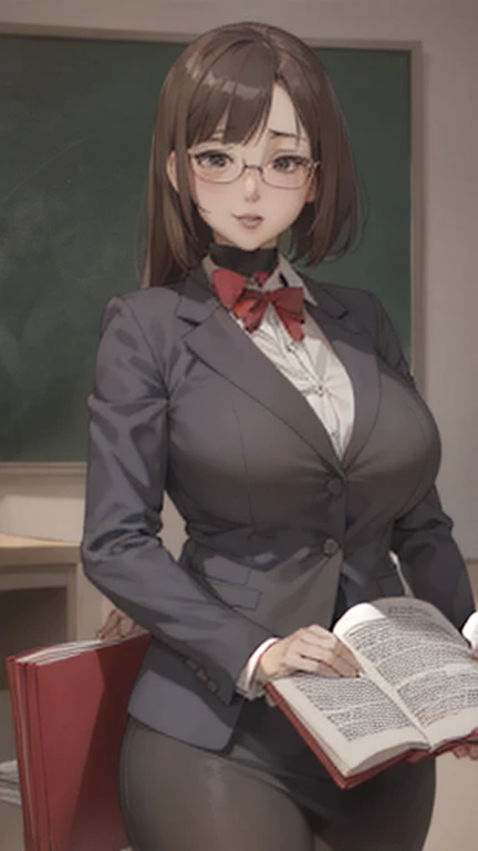 (1lady solo, sitting, office worker), ((black vest:1.1) over sleeveless white dress shirt), mature female, /(dark brown hair/), French twist updo hair, kind smile, (masterpiece best quality:1.2) delicate illustration ultra-detailed, sagging gigantic huge breasts, bowtie BREAK (modern office) indoors, ((reception desk)), (stylish company logo on wall) , detailed background, ((showing hairy armpit hair)), hand behind the head, zoom upper body, thick makeup