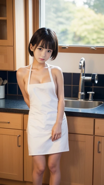 (Highest quality: 1.5), (Genuine: 1.5), (1 person: 1.5), (masterpiece), whole body, (Very detailed), (High resolution), 8K, (Medium sized breasts with some sagging), Natural color lips, Japanese women, 24-year-old girl, Thin eyebrows, Beautiful and elegant face, Cute face, arched Thin eyebrows, (large eyes balanced on the left and right sides,), Cute eyes, Beautiful Eyes, Beautiful thin nose, Beautiful face line, Fair skin, Beautiful and elegant features, Natural Bangs, Beautiful and thin nose, Beautiful Skin , Medium Bob Hair, Natural Bangs, Perfect and beautiful facial features, Slim face and figure, (Bright lighting), Professional Lighting, (Front lighting), Beautiful breastsの谷間, 1 Girl, Cute and sexy 24 year old woman, slim Japanese women, Fair skin, (Cute Smile), Wearing a Naked Apron, (Naked Apron), (Naked and wearing only an apron), Beautiful breasts, Room with large windows、, Side tie panties, Looking back pose, Beautiful back, Apron with wide open back, Beautiful hip line, The body is slim, Slim Hips, Small Ass,
