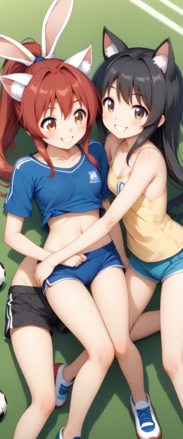 (((Official art,superfine illustration,hight resolution, masutepiece, best qualtiy,Best Quality,)))hightquality, detaileds, (A ),16 years old, A young ace striker famale idol with a super cute face,A girl as beautiful as Planding, Cool handsome face with smile, soccer spike, Long legs, thighs thighs thighs thighs, Foots, Bulge, (red hair、Spiky hairstyle)、Shiny hair, (tight shiny orange soccer uniform suit), (tight and shiny soccer shorts), (Soccer Socks), tussock, Cool pose, normal natural breasts, (厚いthighs thighs thighs thighs、Seduce your big ass to your crotch)、(((soccer field in the park)))、((cocky、))、Smirk、Spread legs,Ultra-fine painting, (Best Quality, 4K, 8K, hight resolution, masutepiece:1.2),(((Being aware of the sexual gaze of middle-aged n))、Service Shots、((( white skin)))、((detailed eyes:1.2))、kawaii eyes、