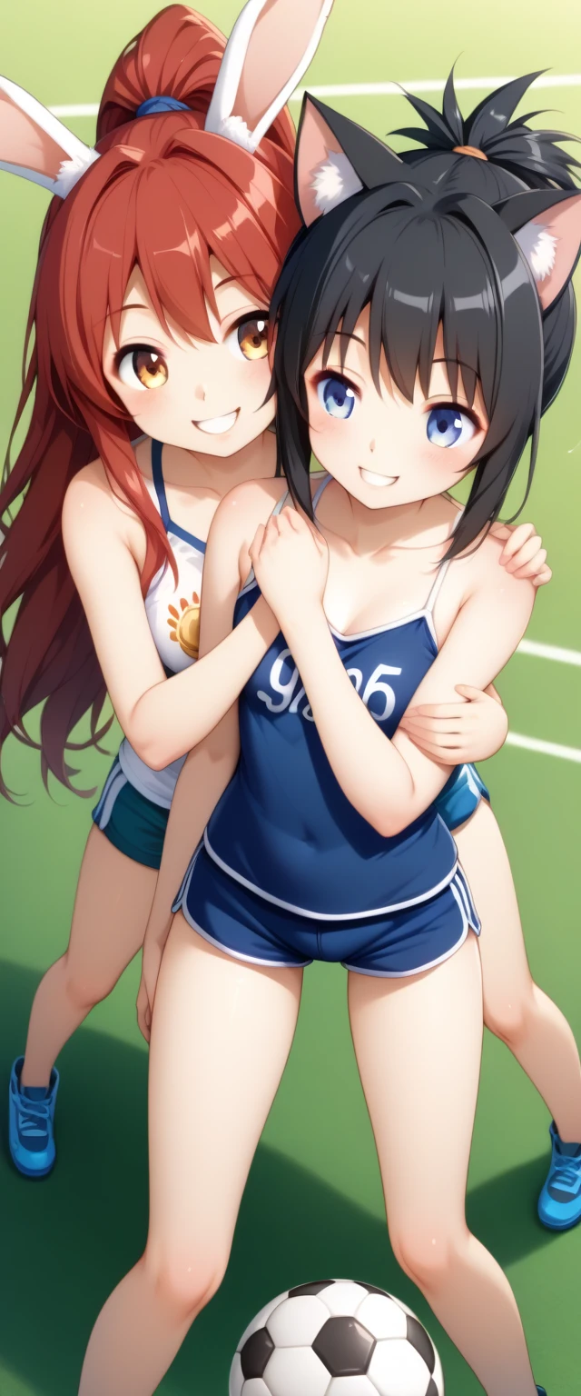 Gymnastics、Bloomers、Lori、Two girls、Embrace each other、blue sky