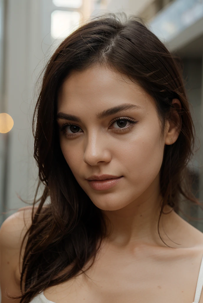 a beautiful young woman, cute woman, pretty woman, face detailled, lightnning luminosity, persistant regard, beautiful look, detailed portrait, realistic, gorgeous face, plump lips, black eyes, dimple, high quality, 8k, hyper realistic, photorealistic award winning, studio lighting, latina girl, mixed race, bronze, little face, cute face, european beauty, blond hair, (blond woman 1.2)