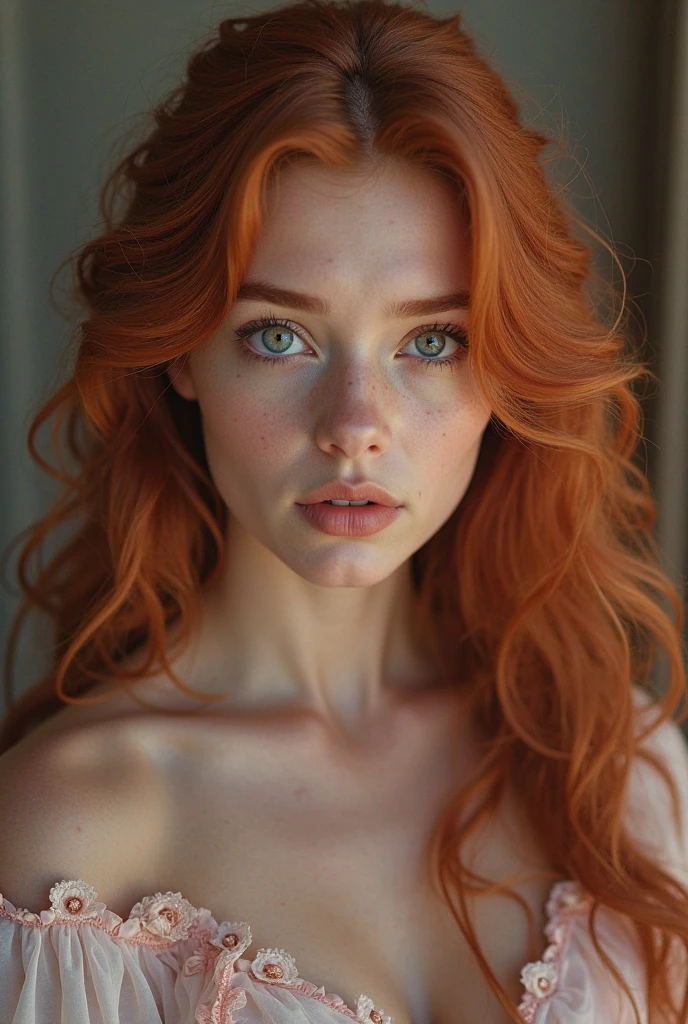 there is a woman with red hair and a bra top on, highly realistic. live cam, sexy look at the camera, she is facing the camera, soft portrait shot 8 k, sweaty 4 k, showing her face, smooth red skin, full pov, shy looking down, cute young redhead girl, close up to a skinny, redhead girl, redhead