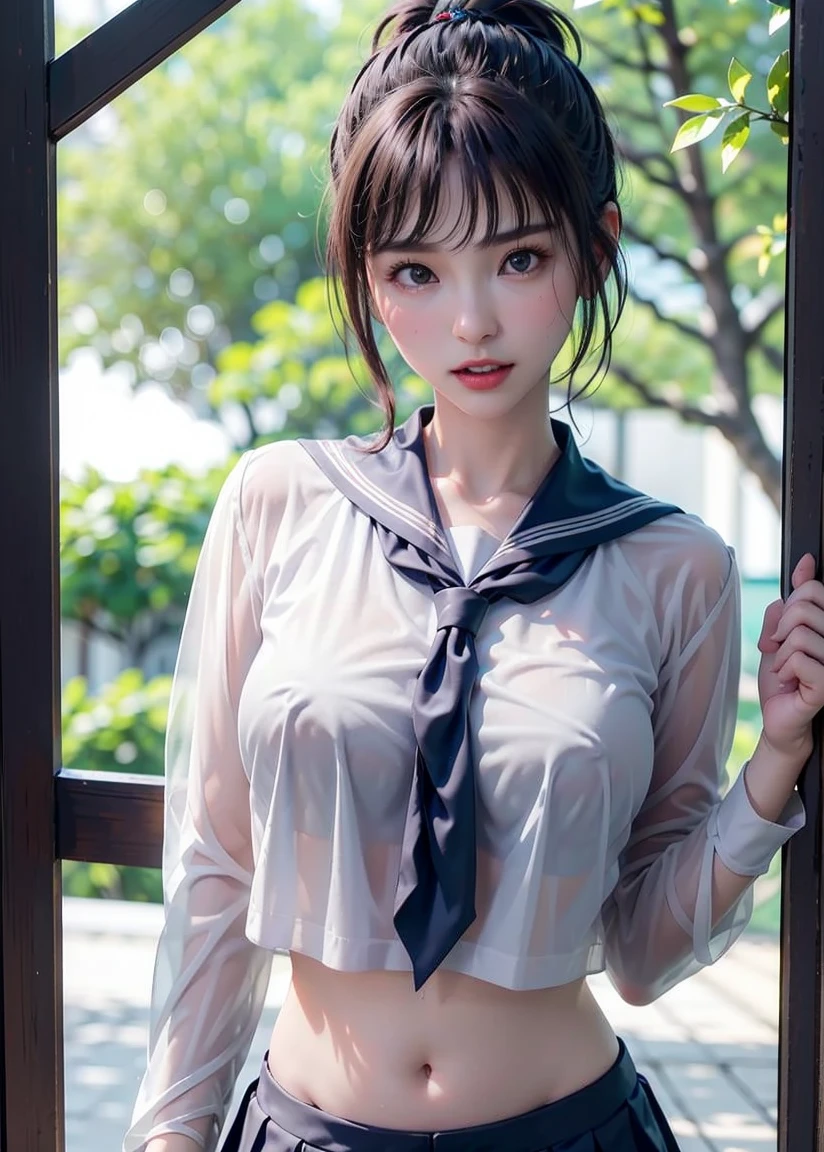((High school girl walking in a park by the lake))、((Wet white blazer with an emblem on the chest))、((Wet translucent white blouse、red bow tie、Dark blue checked skirt)). 40k, photograph, table top, highest quality, dark gray background, ((beautiful eyes、One girl in a wet brown pale short cut, . white skin, Versatile poses.((Medium chest,:1.1)),(nipple) highest quality, table top, ultra high resolution, (realistic:1.4), RAWphotograph, (perfect body shape), (slim:1.3), slimな腹部, Perfect slim figure, dynamic pose, (((big :0.9))), alone, Cold light 12000K, very detailed facial and skin texture, fine eyes, realistic eyes, 美しくfine eyes, (realistic skin), charm, ultra high resolution, 超realistic, very detailed,、((she is wet)),(White lace panties are visible)