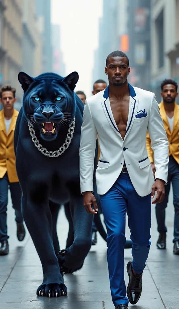 a large white lion sitting beside a strong looking black masculine man of age 20 wearing a black sleeveless leather jacket and black jeans with a blue headband tied round his forehead --auto --s2
