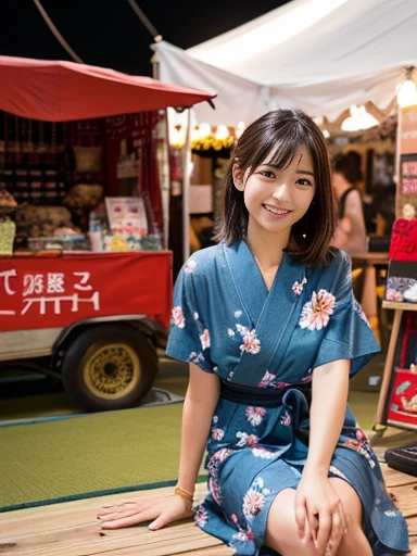 A very cute face like an idol、A young-looking 20-year-old woman wearing a Japanese yukata with three-quarter sleeves、Cleavage、night、Goldfish scooping at a Japanese festival stall、Natural light、Whole body、High level of artistry