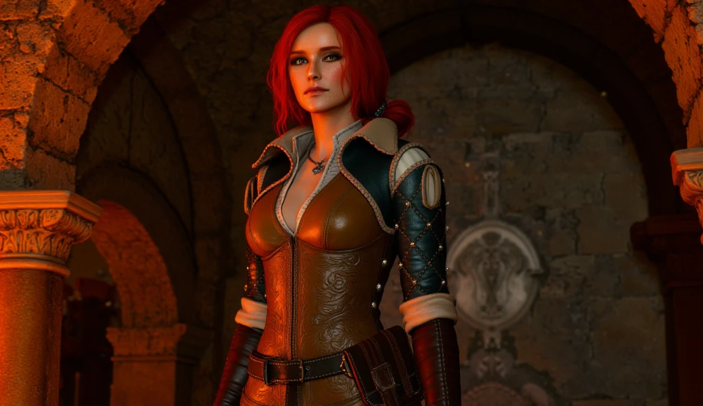 a photo of an attractive S034_IrineMeier, as (Triss Merigold), (8k, RAW photo, best quality, ultra high res, photorealistic, masterpiece, ultra-detailed, Unreal Engine)